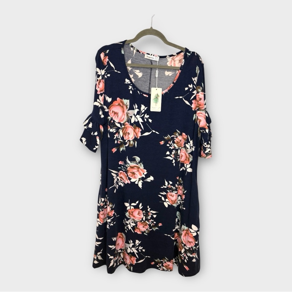 Nemidor Navy Floral Ruffle Sleeve Dress Plus Casual Beach Vacation Size 20 NWT